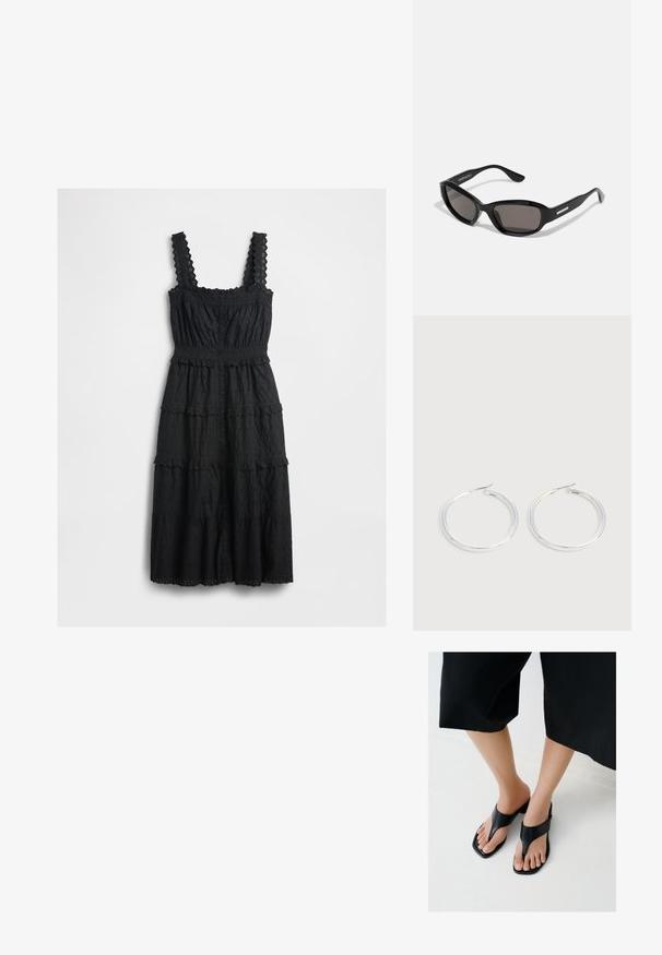 Robe noire à étages en tissu texturé avec des accents en dentelle sur les bretelles et le corsage, dotée d'un devant à boutons et de bords à festons.; Pieds portant des sandales à talons noirs à bouts carrés avec des larges brides, associés à un pantalon noir court sur un sol clair.; Lunettes de soleil noires avec une monture rectangulaire, des verres sombres, un matériau plastique lisse et un accent métallique sur la branche.; Paire de boucles d'oreilles créoles argentées brillantes avec fermoirs en fil fin, présentée sur un fond gris clair.