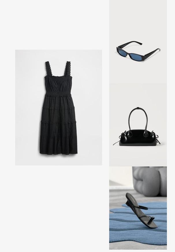 Vestido negro de varias capas hecho de una tela texturizada, con detalles de encaje en las tirantes y el busto, con un cierre frontal de botones y dobladillos con forma de labios.; Sandalia negra con tiras y lazo para el dedo en una alfombra texturizada azul, con un gran objeto decorativo gris desenfocado en el fondo.; Gafas de sol negras con una elegante montura rectangular y lentes azules. Presentan una textura suave y varillas resistentes. Logo de la marca en el costado.; Pequeño bolso negro brillante con dos asas largas y detalles de cordón lateral sobre un fondo claro liso.