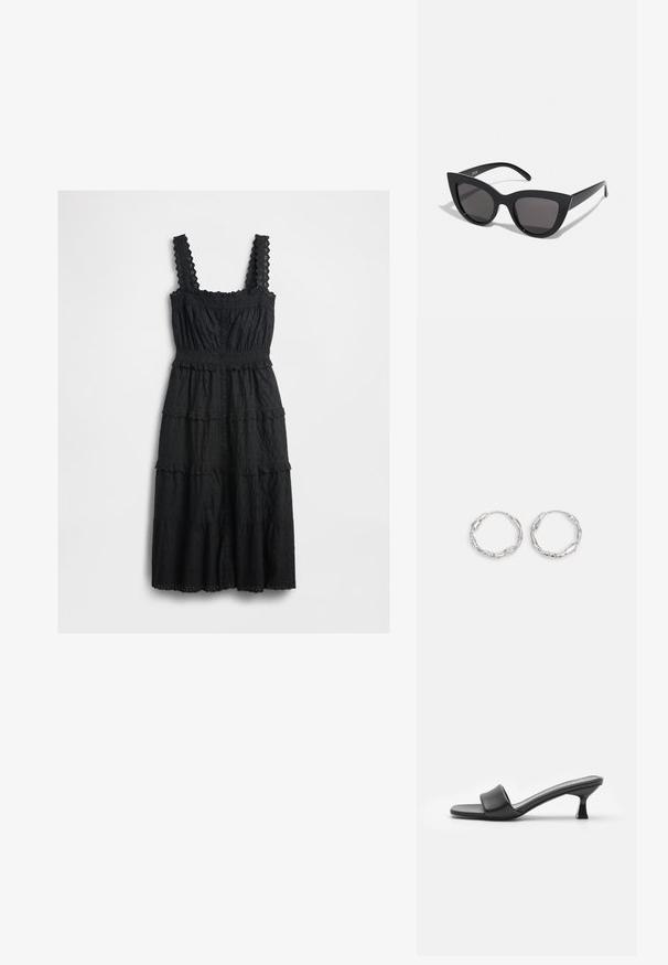 Vestido negro de varias capas hecho de una tela texturizada, con detalles de encaje en las tirantes y el busto, con un cierre frontal de botones y dobladillos con forma de labios.; Mules negros con tacón, de parte superior de cuero mate y suave, puntera abierta, banda ancha en el empeine y tacón cuadrado y delgado.; Gafas de sol negras en forma de ojo de gato con un acabado mate, que presentan lentes ahumados grises, ángulos pronunciados y brazos laterales elegantes. Nombre de la marca visible en el interior del brazo.; Pendientes de aro plateados con textura ondulada e irregular. Presentan una forma circular delgada y un acabado reflectante.