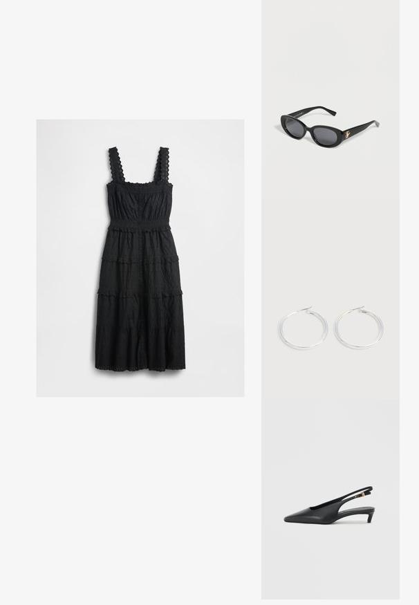 Robe noire à étages en tissu texturé avec des accents en dentelle sur les bretelles et le corsage, dotée d'un devant à boutons et de bords à festons.; Des escarpins à talon ouvert noirs avec un bout pointu, une texture en cuir lisse, un petit talon aiguille, et une sangle avec un accent de boucle en métal.; Lunettes de soleil ovales noires avec verres foncés et logo doré sur la branche, reposant sur une surface blanche.; Paire de boucles d'oreilles créoles argentées brillantes avec fermoirs en fil fin, présentée sur un fond gris clair.