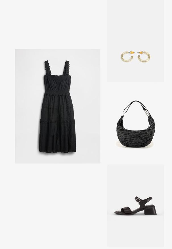 Robe noire à étages en tissu texturé avec des accents en dentelle sur les bretelles et le corsage, dotée d'un devant à boutons et de bords à festons.; Sandale en cuir noir avec un bout ouvert, une large sangle sur le pied et une sangle de cheville avec une boucle en argent. Design à talon carré.; Sac à main tissé noir avec une forme courbée et une fine sangle d'épaule en cuir attachée par des fermoirs argentés.; Boucles d'oreilles en métal doré en forme d'anneau, avec une finition lisse et arrondie. Elles possèdent des accents orange à l'arrière pour un maintien sécurisé.