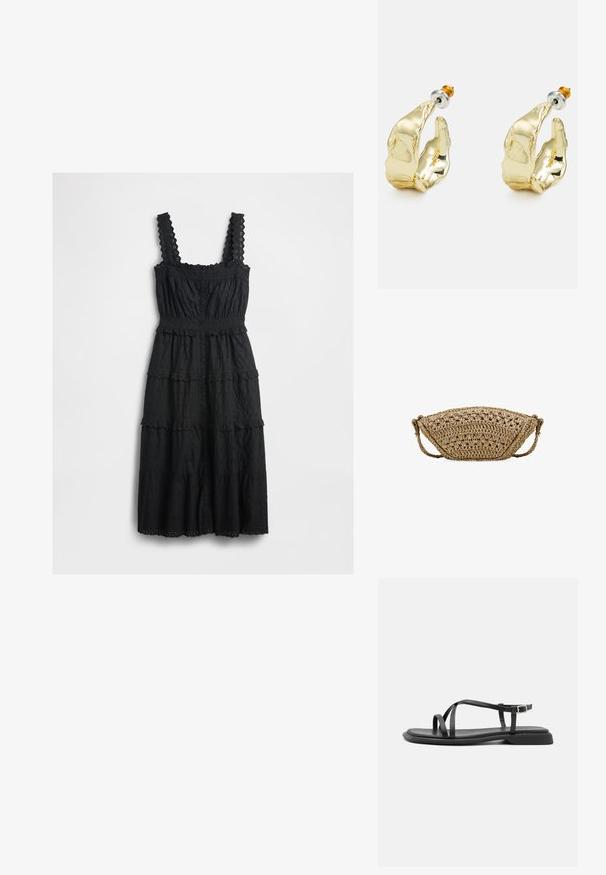 Vestido negro de varias capas hecho de una tela texturizada, con detalles de encaje en las tirantes y el busto, con un cierre frontal de botones y dobladillos con forma de labios.; Sandalias planas negras con tiras ajustables finas, con una pala rectangular y un acabado mate texturizado. Presentan un tacón bajo ligeramente cuadrado.; Bolso de paja tejido con forma curva, color beige claro, detalles decorativos y una delgada correa de hombro trenzada a cada lado.; Pendientes en tono dorado con forma de manos abstractas, que presentan una superficie brillante, detalles intrincados y un poste de plata y oro para un ajuste seguro.