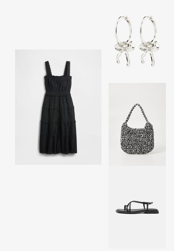 Robe noire à étages en tissu texturé avec des accents en dentelle sur les bretelles et le corsage, dotée d'un devant à boutons et de bords à festons.; Sandales plates noires avec de fines brides réglables, un entre-doigt rectangulaire et une finition mate texturée. Elles présentent un talon bas légèrement carré.; Sac en osier noir et blanc de forme arrondie, avec une surface texturée et une poignée tressée. Convient à un usage décontracté.; Boucles d'oreilles créoles en argent avec un détail en nœud au centre, présentant une finition polie et une texture lisse.