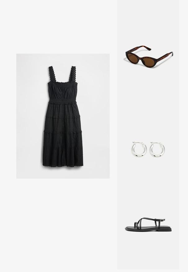 Robe noire à étages en tissu texturé avec des accents en dentelle sur les bretelles et le corsage, dotée d'un devant à boutons et de bords à festons.; Sandales plates noires avec de fines brides réglables, un entre-doigt rectangulaire et une finition mate texturée. Elles présentent un talon bas légèrement carré.; Lunettes de soleil en écaille de tortue marron avec une forme vintage de lunettes cat-eye et des verres marron. Présente des branches courbées avec des accents rouges.; Boucles d'oreilles en argent avec une finition polie, présentant une forme circulaire et une fermeture à charnière. Texture lisse avec un minimum de détails.