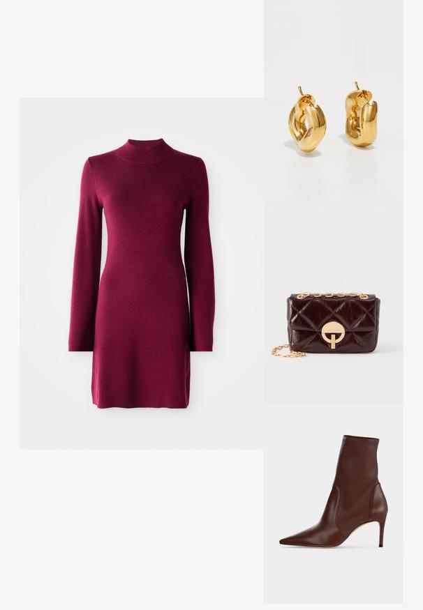 Robe tricotée bordeaux ajustée à manches longues, avec col montant, ourlet droit et texture lisse sur un fond uni.; Bottine en cuir marron foncé à bout pointu et talon haut fin sur un fond clair uni.; Sac bandoulière en cuir matelassé brun foncé avec fermoir circulaire doré et bandoulière chaîne assortie, posé sur un fond blanc uni.; Boucles d'oreilles créoles en or massif avec un design tubulaire légèrement tordu et des fermoirs à tige sur un fond blanc.