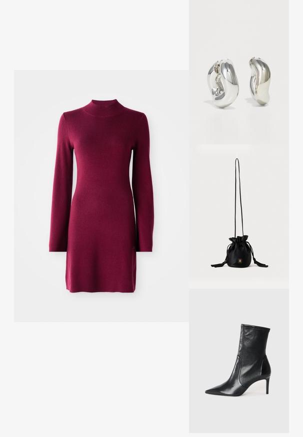 Robe tricotée bordeaux ajustée à manches longues, avec col montant, ourlet droit et texture lisse sur un fond uni.; Bottes noires à la cheville en cuir lisse, dotées d'un bout pointu, d'un tige ajustée et d'un talon haut fin. Design minimaliste sans quincaillerie visible.; Sac seau noir à cordon avec une longue sangle fine et un petit logo carré doré sur le devant, présenté sur un fond uni.; Boucles d'oreilles sculpturales en argent avec des formes douces et courbes et des surfaces réfléchissantes. Présentent un design de boucle fermée et une forme organique distincte.
