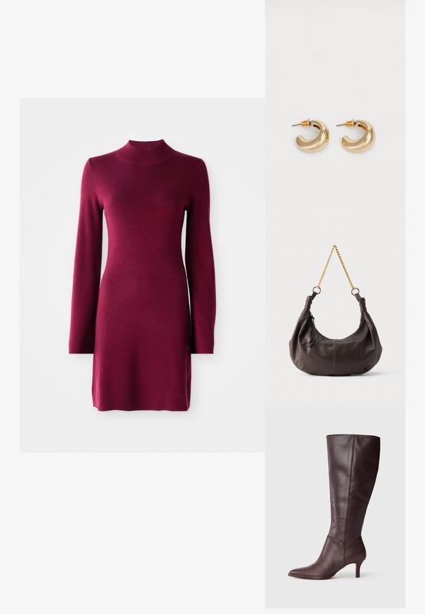 Robe tricotée bordeaux ajustée à manches longues, avec col montant, ourlet droit et texture lisse sur un fond uni.; Botte féminine noire en cuir brun foncé, à bout pointu et talon mince de hauteur intermédiaire, présentée en profil latéral sur un fond blanc.; Sac à bandoulière en cuir marron foncé doux avec des extrémités nouées et une courte chaîne dorée, sur un fond clair uni.; Deux boucles d'oreilles en forme de cerceau en or brillant, avec un design courbé, présentant des accents orange près de la tige, sur fond blanc uni.