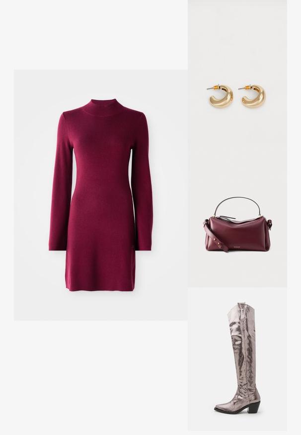 Vestido de punto burdeos ajustado de manga larga con cuello simulado, dobladillo recto y textura suave sobre un fondo liso.; Pinko STRAUSS - Botas mosqueteras - gun metal; Bolso de cuero rojo oscuro con asa superior, correa de hombro ajustable, detalles en tono dorado y pequeño logo "NEOUS" en la parte frontal.; Dos pendientes de aro dorados brillantes en un diseño curvado, con acentos naranjas cerca del poste, sobre un fondo blanco liso.