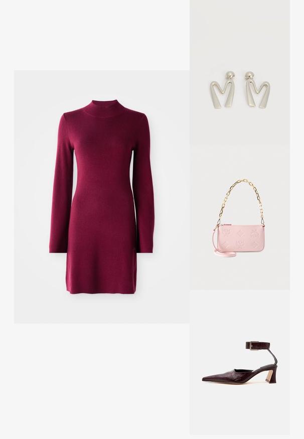 Robe tricotée bordeaux ajustée à manches longues, avec col montant, ourlet droit et texture lisse sur un fond uni.; Chaussure à talon haut en cuir brun foncé à bout pointu avec une bride à la cheville et une boucle argentée sur un fond clair.; Pochette en cuir rose avec logos MCM embossés et formes losanges, dotée d'une chaîne en or et d'une lanière d'épaule fine supplémentaire rose.; Paire de boucles d'oreilles en métal argenté en forme de lettre M angulaire avec des tiges arrondies sur fond blanc.