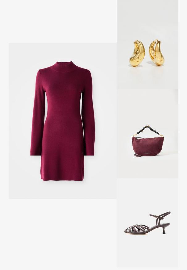 Robe tricotée bordeaux ajustée à manches longues, avec col montant, ourlet droit et texture lisse sur un fond uni.; Sandale à talon kitten en cuir marron foncé avec lanières et bride de cheville réglable à boucle sur fond blanc.; Sac demi-lune en daim bordeaux avec poignée noire torsadée et accents dorés, avec une petite plaque logo à l'avant.; Boucles d'oreilles en or en forme de d'anneaux lisses et courbés avec une finition polie. Équipées d'un mécanisme de fermeture et de légères indentations pour le détail.