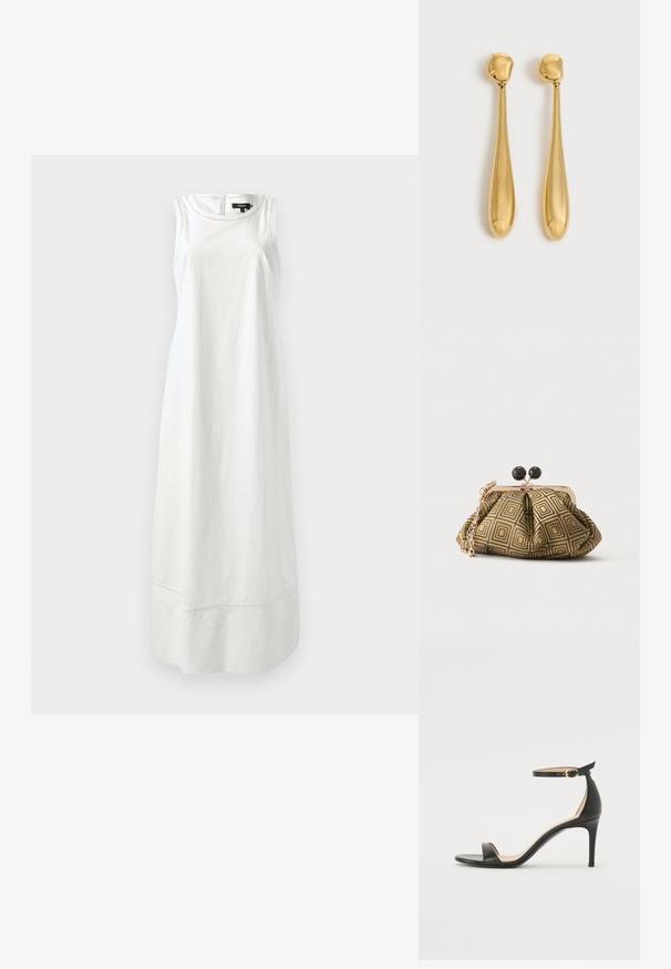 Robe blanche sans manches en tissu au toucher lisse, présentant un design simple et une silhouette droite avec un subtil détail de couture à l'ourlet.; Sandale à talons hauts en cuir noir avec une lanière de cheville. Présente une texture lisse, un bout ouvert et un talon fin. Détail de boucle en ton doré.; Petite pochette avec motif géométrique doré et noir, cadre en métal doré, fermeture à boule noire et une courte chaîne dorée.; Paire de longues boucles d'oreilles dorées, lisses et brillantes, en forme de goutte avec des sommets arrondis et des formes de goutte effilées sur un fond clair.