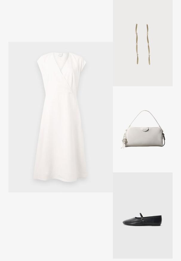 Robe midi blanche sans manches avec encolure en V, devant croisé et jupe trapèze, présentée sur un fond uni gris clair.; Ballerines noires en cuir avec un bout pointu, une semelle plate et une petite sangle avec un détail de boucle en argent.; Sac à main rectangulaire blanc Calvin Klein avec une seule poignée, design minimaliste et pampilles décoratives avec un charm métallique géométrique sur le côté.; Longues boucles d'oreilles en or composées de quatre barres incurvées allongées reliées entre elles sur fond blanc.