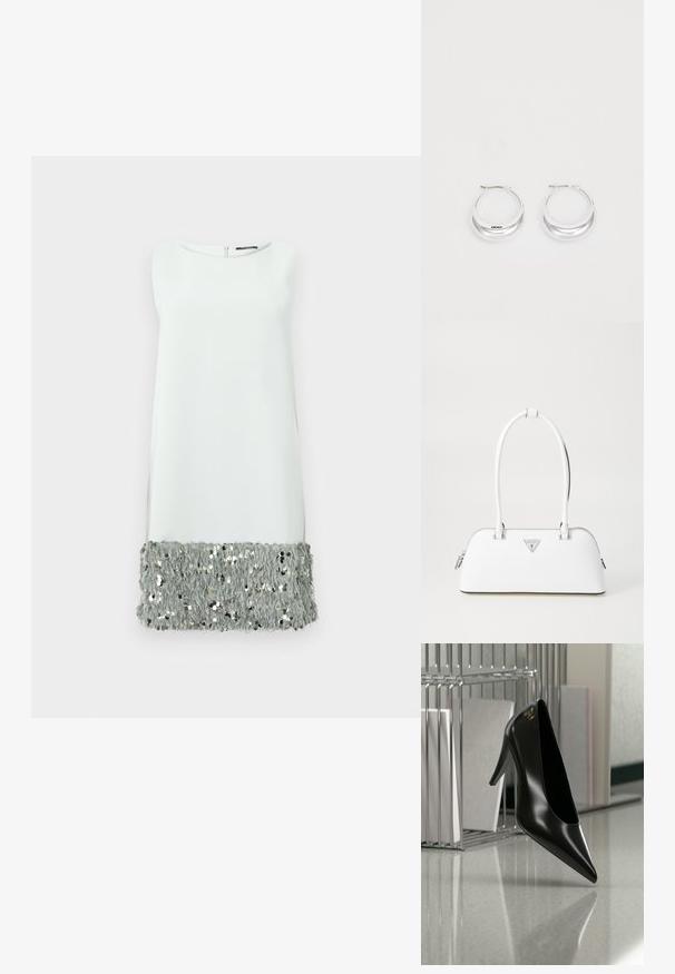Vestido sin mangas de tejido gris claro con un dobladillo de lentejuelas esponjosas. Cuello redondo simple y cierre de cremallera en la parte posterior.; Zapato de tacón alto negro con punta afilada y logo dorado, colocado sobre una superficie reflectante cerca de un organizador de archivos de alambre cromado con documentos.; Bolso de cuero blanco con forma curva, que presenta un logo triangular plateado y cierre de cremallera. Textura lisa y dos asas.; Pendientes de aro de plata con un acabado pulido y la marca DKNY, exhibidos sobre un fondo blanco liso.