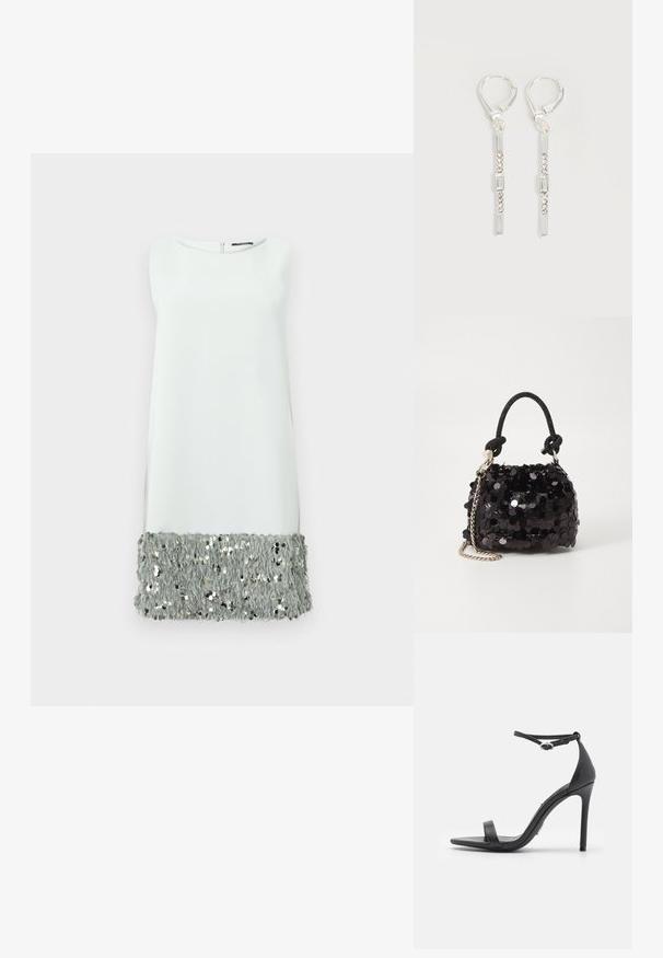 Robe sans manches en tissu gris clair avec un ourlet en sequins floconneux. Encolure ronde simple et fermeture éclair au dos.; Sandales noires à talons hauts avec un orteil ouvert, des fines lanières et une boucle à la cheville. Texture en cuir lisse avec un design de forme pointue.; Mini sac à main en sequins noirs avec une bandoulière texturée nouée et une chaîne argentée. Forme arrondie avec un haut froncé et des détails réfléchissants.; Boucles d'oreilles pendantes en argent avec des cristaux clairs rectangulaires et ronds alignés verticalement, sécurisées par des fermoirs à levier.