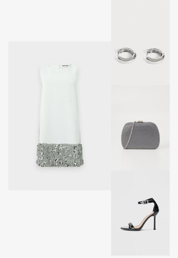 Sømløs kjole i lysegrå stof med en fluffy nederdel pyntet med palietter. Enkel, rund halsudskæring og lynlås lukning bagpå.; Sort højhælet sandal i laklæder med ankelrem. Har minimalistisk design, åben tå og spænde med rhinsten-detaljer.; Sorte og hvide teksturerede clutch-taske med rund form, sølvfarvet kædetrækt, og en metalspænde på toppen.; Par små, skinnende sølv hoops med glatte, afrundede overflader på en ensfarvet hvid baggrund.