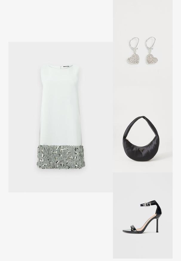 Robe sans manches en tissu gris clair avec un ourlet en sequins floconneux. Encolure ronde simple et fermeture éclair au dos.; Sandale à talon haut en cuir verni noir avec bride à la cheville. Présente un design minimaliste, un bout ouvert et une boucle ornée de strass.; Sac à main en satin noir avec une forme courbée, doté d'une fermeture à glissière et d'un logo triangulaire en métal à l'avant. Texture lisse et design épuré.; Boucles d'oreilles en forme de cœur en argent ornées de strass transparents, dotées de fermoirs à levier pour un maintien sécurisé.