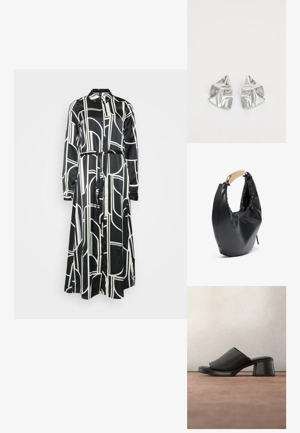 Schwarz-weißes Langarmkleid mit geometrischem Muster, Knopfverschluss und Bindegürtel in der Taille, aus glattem Stoff.; Schwarzer offener Mule-Sandal mit Blockabsatz und strukturiertem Lederobermaterial, schwebend über einer grauen Oberfläche vor unscharfem, dunklem Hintergrund.; Schwarze Handtasche aus Kunstleder mit geschwungener Silhouette. Verfügt über einen glänzenden Griff in goldfarbener Metalloptik und geraffte Textur entlang der oberen Öffnung.; Silberne Metallohrringe mit einem wellenförmigen, skulpturalen Design, das eine polierte Oberfläche und unregelmäßige Formen aufweist, die eine zeitgenössische Ästhetik betonen.
