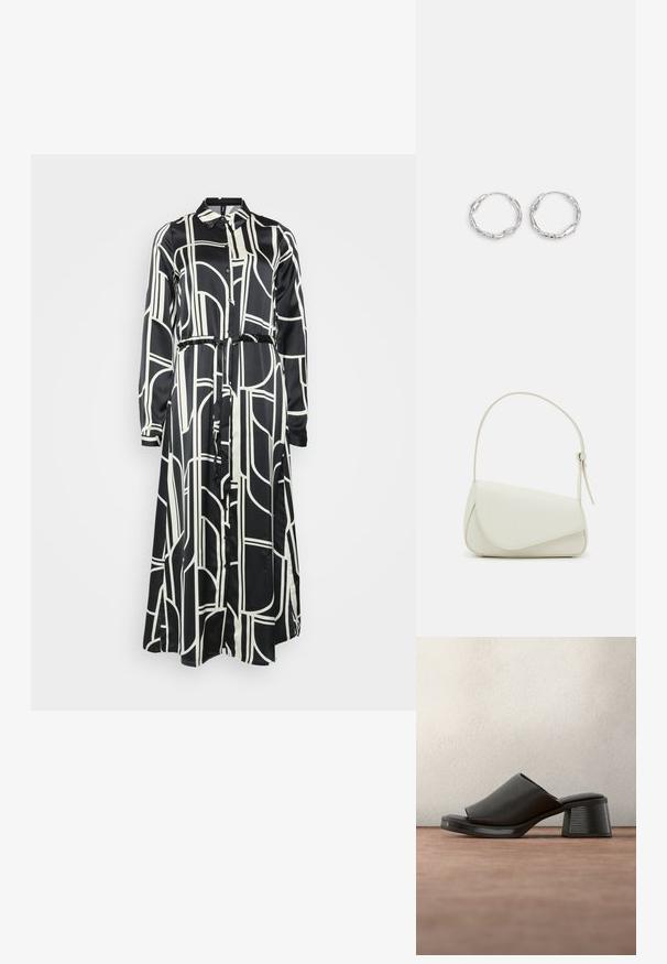 Schwarz-weißes Langarmkleid mit geometrischem Muster, Knopfverschluss und Bindegürtel in der Taille, aus glattem Stoff.; Schwarzer offener Mule-Sandal mit Blockabsatz und strukturiertem Lederobermaterial, schwebend über einer grauen Oberfläche vor unscharfem, dunklem Hintergrund.; Weiße Kunstleder-Handtasche mit einer strukturierten dreieckigen Form, einem verstellbaren Einzelgurt und einem Klappenverschluss mit geschwungenen Akzenten.; Silberne Creolen mit einer welligen, unregelmäßigen Textur. Besitzen eine dünne, kreisförmige Form und eine reflektierende Oberfläche.