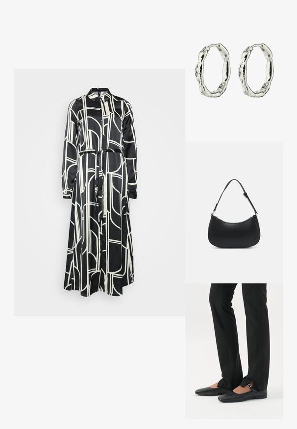 Vestido de manga larga en blanco y negro con un patrón geométrico, cierre de botones y cinturón atado a la cintura, hecho de una tela suave.; Piernas con pantalones ajustados negros con aberturas frontales en el dobladillo, combinados con zapatos planos Mary Jane negros con una pequeña correa con hebilla.; Pieces PCALUANA SHOULDER BAG - Bolso de mano - black; Pendientes de aro de plata con un diseño texturizado y orgánico, de forma ligeramente irregular, que ofrecen un aspecto natural y hecho a mano.