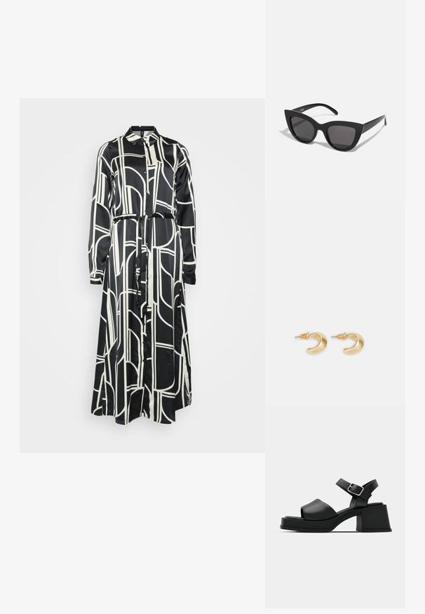 Vestido de manga larga en blanco y negro con un patrón geométrico, cierre de botones y cinturón atado a la cintura, hecho de una tela suave.; Sandalias de plataforma de cuero negro con diseño de puntera abierta, correa en el tobillo y un tacón cuadrado grueso. Textura suave y estilo minimalista.; Gafas de sol negras en forma de ojo de gato con un acabado mate, que presentan lentes ahumados grises, ángulos pronunciados y brazos laterales elegantes. Nombre de la marca visible en el interior del brazo.; Pendientes en forma de media luna de oro con un acabado suave, que presentan acentos naranjas cerca del pasador y herrajes de plata.