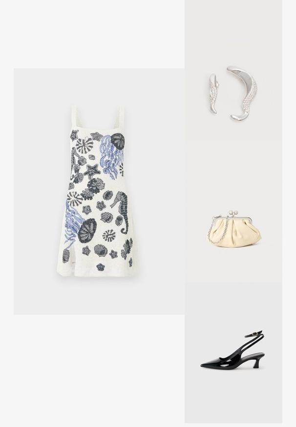 Robe blanche sans manches avec des créatures marines brodées en noir et bleu, comprenant des méduses, hippocampes, étoiles de mer et coquillages.; Escarpins à brides arrière en cuir verni noir, à bout pointu, avec un petit talon carré et une sangle de cheville ajustable dotée d'une boucle dorée.; Pochette en cuir beige plissé avec un cadre en métal argenté, dotée de deux fermoirs ronds décoratifs et d'une chaîne en argent.; Deux boucles d'oreilles argentées courbées, l'une plus grande que l'autre, toutes deux ornées de petits cristaux scintillants le long d'un bord.