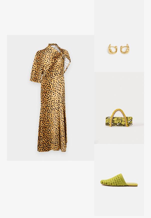 Rabanne Robe longue - tan; Mule en tissu vert à enfiler avec semelle plate et bout pointu fermé, conçue pour un usage décontracté.; Sac rectangulaire avec motif floral jaune et noir et anse tressée jaune et rose sur fond blanc.; Boucles d'oreilles en or présentant un design lisse et arrondi avec une finition polie. Les boucles ont une forme compacte et chunky, et un fermoir sans couture.
