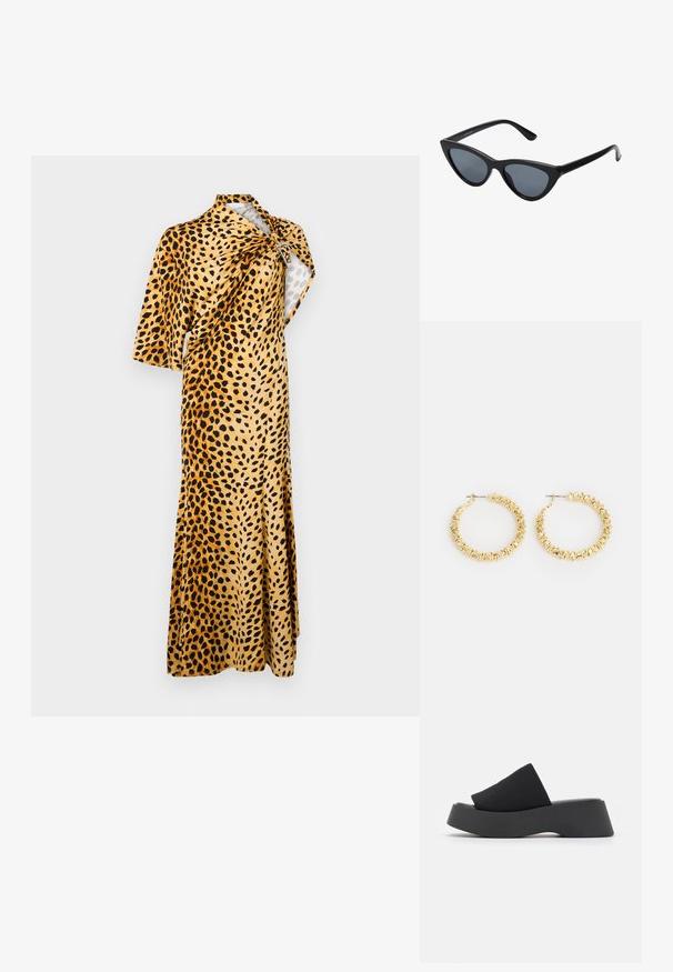 Rabanne Vestido largo - tan; Call it Spring VENISE B.E.D FOAM - Mules de tacón - black; Gafas de sol negras en forma de ojo de gato con lentes gris oscuro, marco de plástico elegante, esquinas puntiagudas y patillas rectas. Sin herrajes ni acentos visibles.; Pendientes de aro dorados con una superficie texturizada y pequeños acentos redondeados. Diseño circular y cierre de tipo post-back.