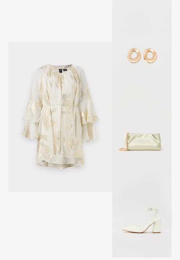 Leichtes, cremefarbenes Kleid mit goldenem Blumenmuster, ausgestellten Ärmeln und gerafftem Ausschnitt. Verfügt über einen Bindegürtel in der Taille für eine verstellbare Passform.; Weißer sandal mit Absatz und spitzem Zehenbereich, verstellbarem Knöchelriemen und chunky quadratischem Absatz. Glatte Textur mit minimalen Nähdetails.; Sanftes, hellgrünes Satin-Clutch mit goldener Kettenriemen und Kristallverzierung, rechteckige Form mit sanften Falten vor schlichtem Hintergrund.; Paar unregelmäßig geformter, polierter Creolen aus goldfarbenem Metall mit offenem Zentrum auf weißem Hintergrund.