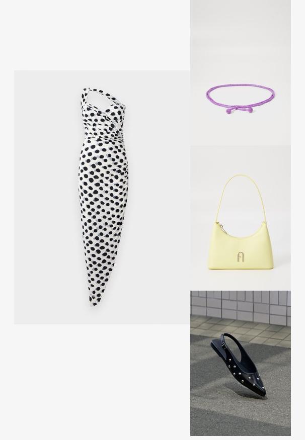 Witte jurk met een een-schouder ontwerp, versierd met zwarte stippen, en een aansluitende pasvorm met geraffineerde details aan de zijkant.; Zwarte puntige slingback schoen met zilveren studs, zwevend boven asfalt bij een achtergrond van betegelde muur.; Geel neplederen handtas met een gladde textuur, ronde vorm en een slanke schouderband; voorzien van een metalen "A"-logo op de voorkant.; Paars geweven koord met twee sferische uiteinden, met een gestructureerd oppervlak. Het ontwerp is eenvoudig en cirkelvormig van vorm.