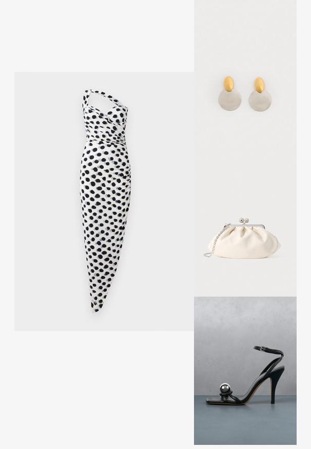 Vestido blanco con un diseño de un solo hombro, adornado con lunares negros, y un ajuste ceñido al cuerpo con detalles fruncidos a lo largo del costado.; Sandalia negra de tacón alto con correa en el tobillo y bola decorativa metálica plateada sobre superficie de madera con baldosas al aire libre con fondo desenfocado de vegetación y pared.; Bolso de mano de tela color crema con diseño fruncido, marco metálico plateado, dos bolas decorativas y correa de cadena plateada.; Pendientes de metal dorado y plateado con base de disco redondo y pieza superior ovalada, textura suave y acabado pulido.