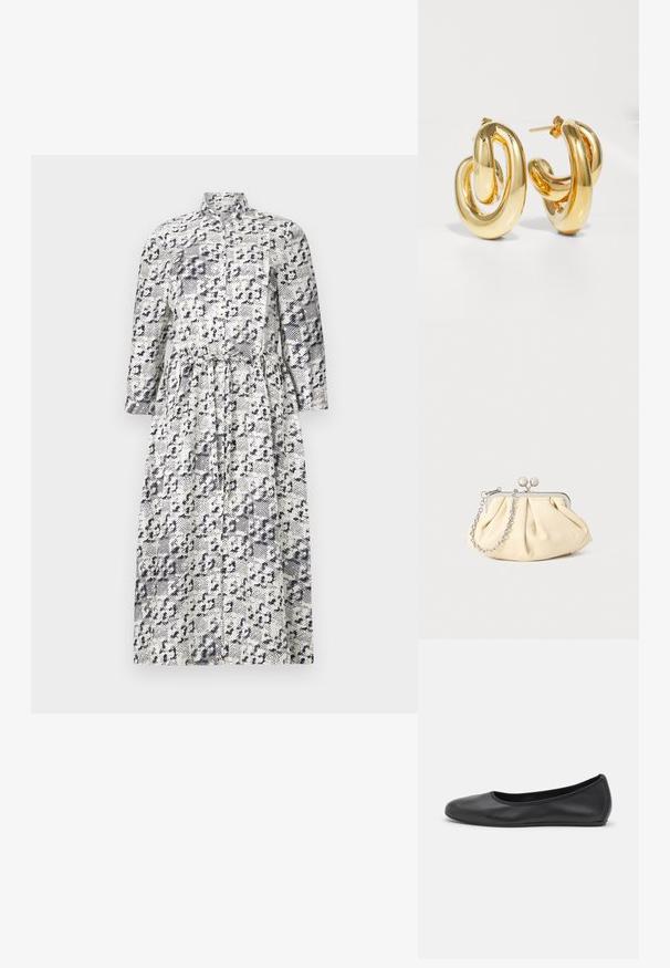 Langærmet skjortedress i hvid og marineblå med leopardprintmønster, der har en stående krave og en indsnøret talje for en tætsiddende pasform.; Sort læderballetsko med rund tå, glat tekstur, minimal syning og et fleksibelt såldesign.; Plisseret beige læderclutch med en sølvmetalramme, der har to runde dekorative låse og en sølvkædetrasporte.; Charlotte Chesnais BO INITIAL BLOW - Øreringe - gold-coloured