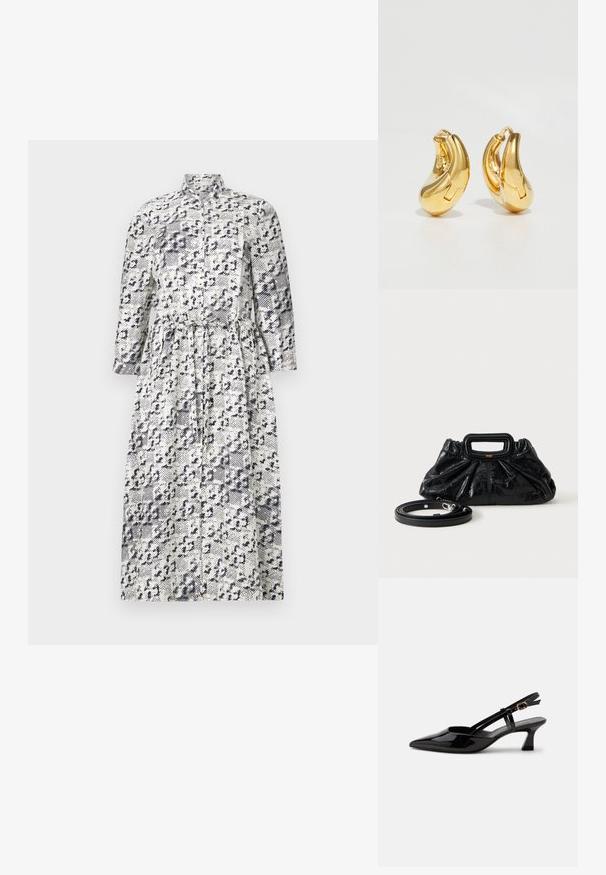 Langærmet skjortedress i hvid og marineblå med leopardprintmønster, der har en stående krave og en indsnøret talje for en tætsiddende pasform.; Sort laklæderslingback med lille hæl, spids tå og justerbar guldlåsrem på hvid baggrund.; Lille sort læderhåndtaske med rynket tekstur, rektangulært håndtag og aftagelig tynd skulderrem placeret ved siden af.; Guldringeøreringe med en glat, buet form og poleret overflade. Udstyret med en lukkeanordning og lette fordybninger for detaljer.
