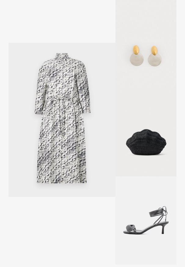 Langærmet skjortedress i hvid og marineblå med leopardprintmønster, der har en stående krave og en indsnøret talje for en tætsiddende pasform.; Grå læder sandal med hæl, knyttet rem ved tæerne og snørebånd, der vikles om anklen, på slank mellemhøj hæl mod hvid baggrund.; Sort flet håndtaske formet som en muslingeskal med en buet top og flettet tekstur på en ensfarvet baggrund.; Guld- og sølvmetalløreringe med en rund skivebund og et ovalt topstykke, glat tekstur og poleret finish.