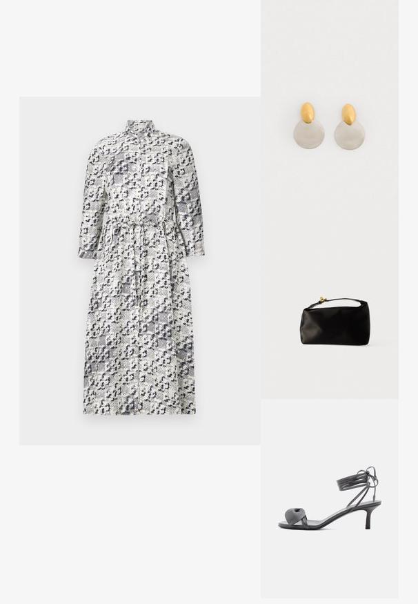 Langærmet skjortedress i hvid og marineblå med leopardprintmønster, der har en stående krave og en indsnøret talje for en tætsiddende pasform.; Grå læder sandal med hæl, knyttet rem ved tæerne og snørebånd, der vikles om anklen, på slank mellemhøj hæl mod hvid baggrund.; Sort satinpung med en afrundet form, et håndtag i toppen og en guldaccentlås. Glat tekstur med et minimalistisk design.; Guld- og sølvmetalløreringe med en rund skivebund og et ovalt topstykke, glat tekstur og poleret finish.