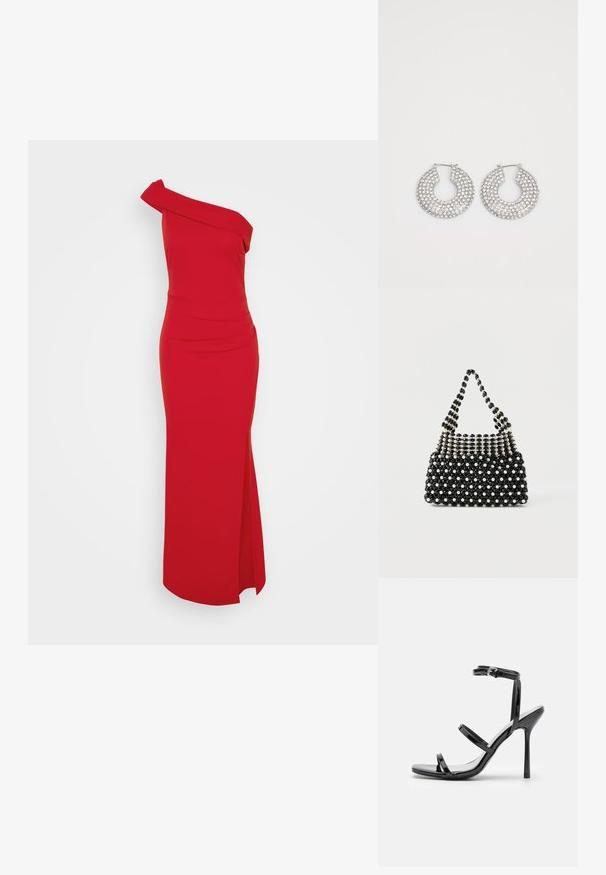 Vestido rojo de un solo hombro con silueta ajustada, abertura lateral y detalle drapeado en el escote, hecho de una tela suave.; Sandalias de tacón alto de charol negro con tres tiras horizontales y una correa en el tobillo ajustable. Silueta elegante y acabado brillante.; Bolso de mano de cuentas en blanco y negro con un asa corta, que presenta cuentas alternas similares a perlas y cuentas negras facetadas en un patrón de tablero de ajedrez.; Aros de plata en forma de aro adornados con múltiples embellishments de cristal transparente, con una superficie texturizada y un diseño circular abierto.