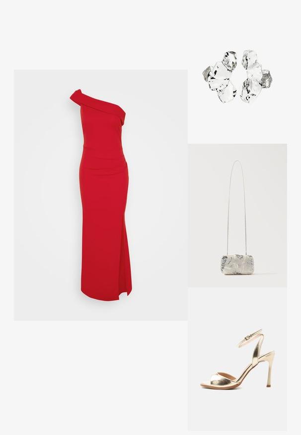 Vestido rojo de un solo hombro con silueta ajustada, abertura lateral y detalle drapeado en el escote, hecho de una tela suave.; Sandalia dorada de tacón alto con tira en el tobillo y hebilla, punta abierta y tacón de aguja fino sobre un fondo liso y claro.; Clutch rectangular de cuentas plateadas con patrones florales y una larga correa delgada de cadena plateada, exhibido sobre un fondo liso.; Conjunto de seis piezas de forma irregular, translúcidas y reflectantes, similares al vidrio, dispuestas sobre un fondo blanco.