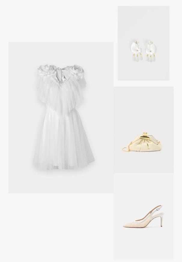 Witte jurk met bloemaccenten op de schouders, voorzien van gelaagd tule en een aangesloten lijfje. De zoomlijn valt boven de knie.; Beige pumps met spitse neus en bandje rondom de hiel, hoge hak, met witte bloemenkant overlay en witte verstelbare enkelriem.; Crèmekleurige clutch gemaakt van zacht materiaal, met een gouden sluiting en kettingriem, met een geplooid ontwerp op het lichaam.; Duidelijke hars oorbellen in schelpvorm met kleine gouden accenten en drie hangende doorschijnende druppelvormige bedels aan elk oorbel.