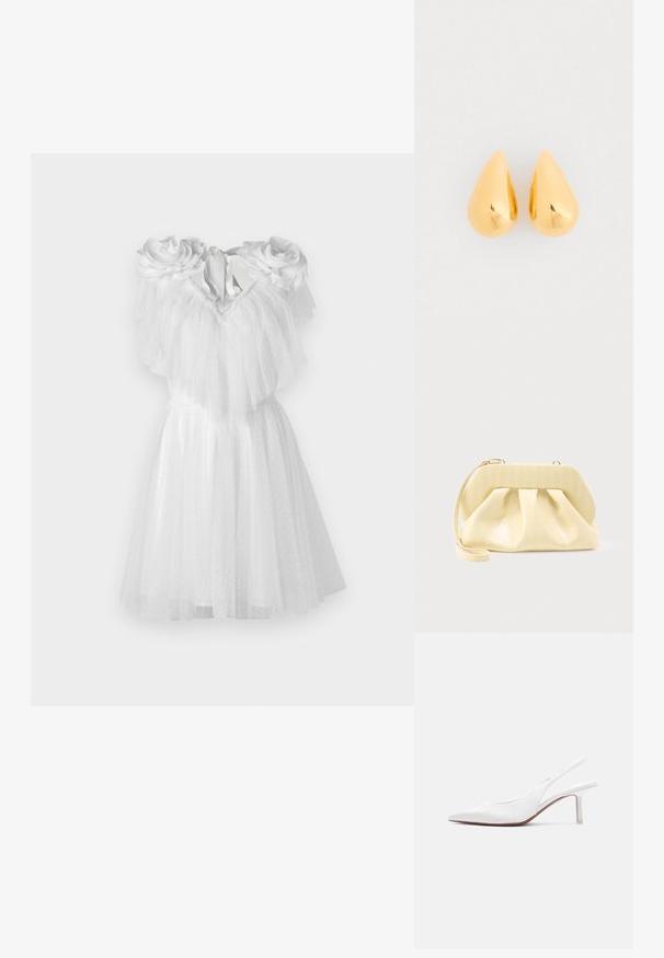 Witte jurk met bloemaccenten op de schouders, voorzien van gelaagd tule en een aangesloten lijfje. De zoomlijn valt boven de knie.; Witte leren slingback damesschoen met spitse neus, lage kittenhak en een kleine decoratieve strik bovenop, zijaanzicht.; Crème-kleurige leren clutch met een gestructureerd bovenframe en polsbandje, weergegeven tegen een effen lichte achtergrond.; Gouden druppelvormige oorbellen met een gladde, gepolijste oppervlakte en ronde onderkanten, die het licht weerkaatsen met een glanzende afwerking.