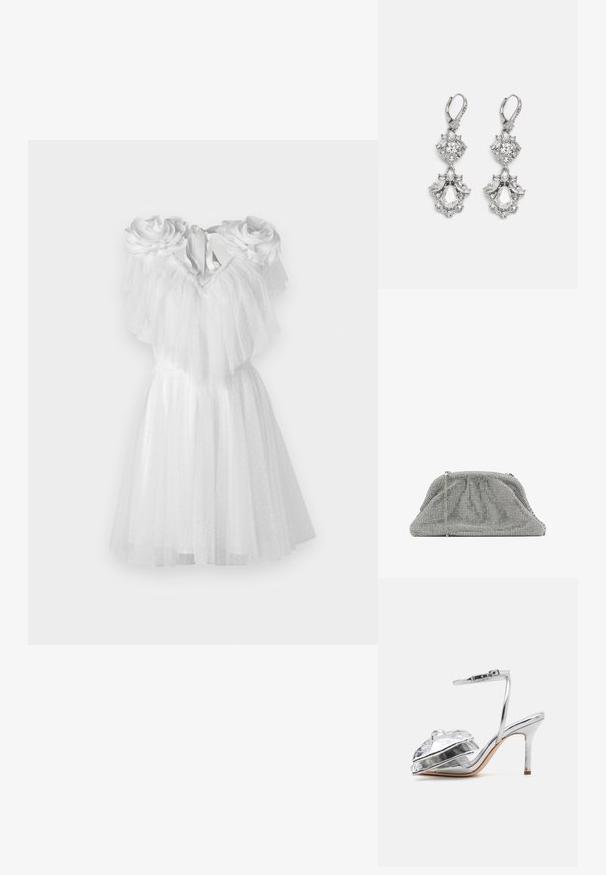 Witte jurk met bloemaccenten op de schouders, voorzien van gelaagd tule en een aangesloten lijfje. De zoomlijn valt boven de knie.; Loeffler Randall MARLENA - Sandalen met hoge hak - silver; Zilveren mesh clutch met een geplooid ontwerp, kettingriem en gestructureerd oppervlak. Heeft een rechthoekige vorm met een stevige bodem.; Zilverkleurige oorbellen met meerdere heldere kristalgesteenten in druppel- en marquisevormen, met sluitingen met een leversysteem en ingewikkelde details.