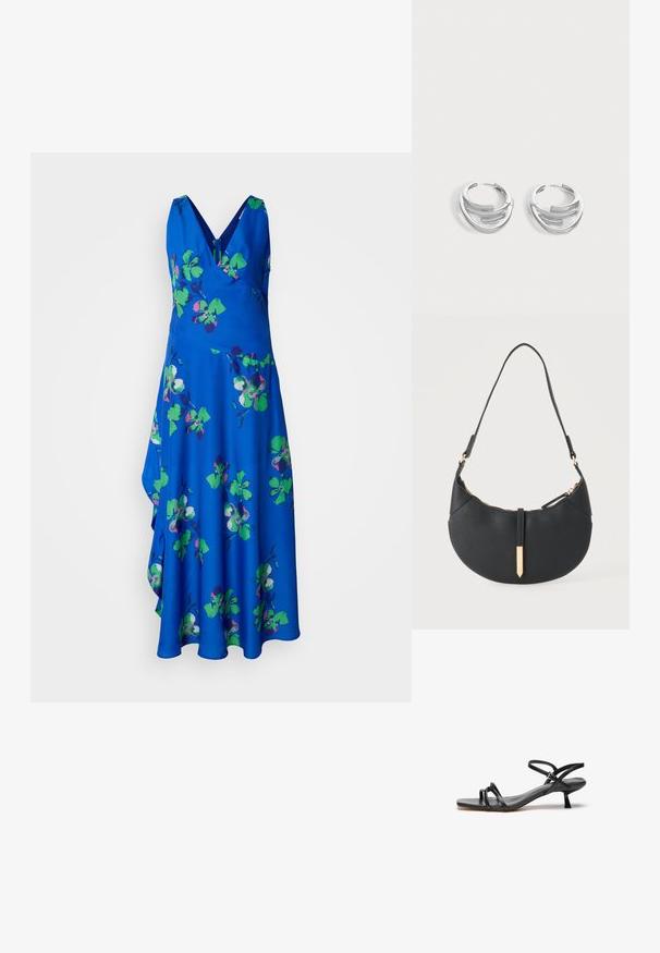 Robe sans manches bleu avec un décolleté en V, ornée d'un motif floral en vert et violet. Jupe fluide à ourlet asymétrique.; Sandale en cuir noir au design épuré et minimaliste. Dotée de deux fines lanières et d'un petit talon incliné. Texture lisse et bout ouvert.; Sac à main noir en forme de croissant avec une bandoulière unique, une fermeture éclair dorée et une languette décorative rectangulaire dorée à l'avant.; Paire de boucles d'oreilles anneaux en argent poli avec un design de barre incurvée superposée sur un fond clair uni.