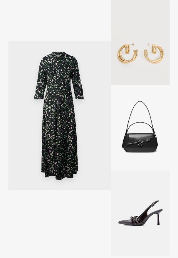 Robe longue florale en tissu noir, avec des motifs de feuilles roses et vertes, un col, et des manches trois-quarts avec une coupe droite.; Chaussure à talon haut slingback en cuir verni noir, bout pointu, avec trois brides décoratives bouclées sur le dessus.; Sac à bandoulière en cuir noir avec un rabat incurvé fermé par un fermoir métallique rond et une sangle fine et ajustable.; Paire de boucles d'oreilles créoles doubles en or brillant avec attaches à tige sur fond blanc.