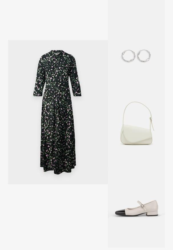 Vestido largo floral de tejido negro, con patrones de hojas rosas y verdes, color cuello, y mangas tres cuartos con corte recto.; Zapato estilo Mary Jane en cuero crema con puntera de charol negro. Presenta una punta redonda, tirante en el tobillo con una hebilla cuadrada y un tacón bajo y cuadrado.; Bolso de mano de imitación cuero blanco con una forma triangular estructurada, correa ajustable única y cierre con solapa acentuada en curva.; Pendientes de aro plateados con textura ondulada e irregular. Presentan una forma circular delgada y un acabado reflectante.