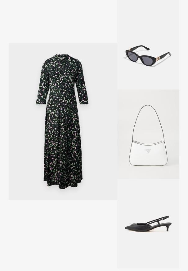Blumenkleid aus schwarzem Stoff, mit rosa und grünen Blattmustern, einem Kragen und Dreiviertelärmel im geraden Schnitt.; Schwarze Slingback-Schuhe mit einer spitzen Zehe, aus glattem Material gefertigt, mit einem kleinen Absatz und einem dekorativen silbernen Akzent auf dem Blatt.; Guess Sonnenbrille - shiny black; Weißer Handtasche mit einem eleganten, geschwungenen Design, ausgestattet mit einem dünnen schwarzen Riemen und einem silbernen Dreiecks-Logo-Akzent. Sanfte Textur und minimale Details.
