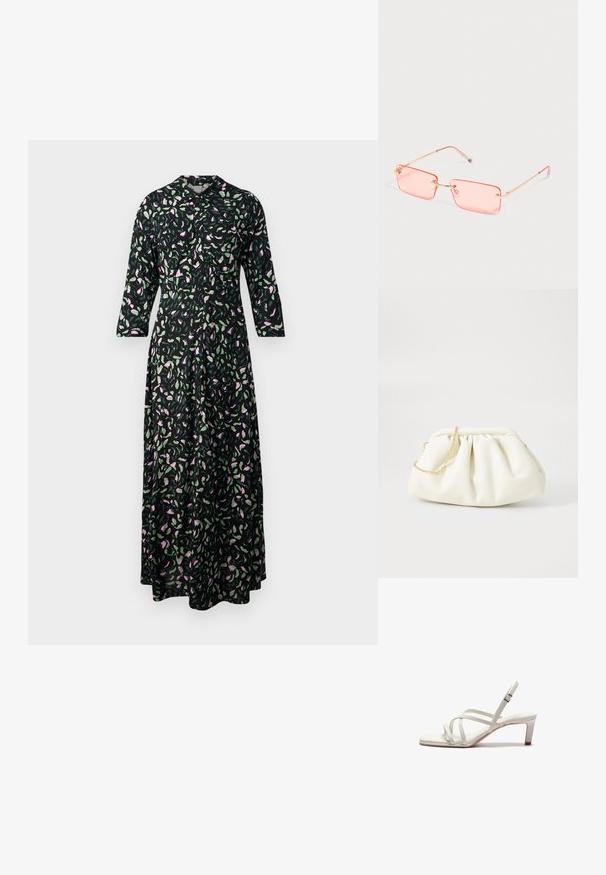 Blumenkleid aus schwarzem Stoff, mit rosa und grünen Blattmustern, einem Kragen und Dreiviertelärmel im geraden Schnitt.; Zign Pumps - off white; Rechteckige, rosa getönte randlose Sonnenbrille mit dünnen goldfarbenen Metallbügeln und verstellbaren Nasenpads auf einfachem hellem Hintergrund.; Weiße Lederhandtasche mit einem gerafften Design, ausgestattet mit einem goldenen Kettenriemen und einer runden Form. Glatte Textur mit sanften Falten und ohne Muster.