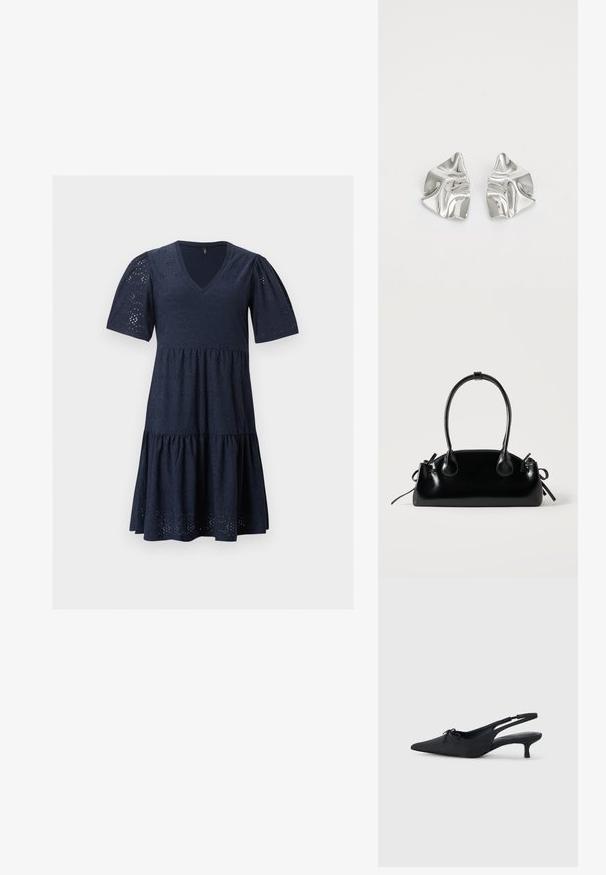 Robe bleu marine longueur genoux avec décolleté en V, manches courtes bouffantes et motif en dentelle ajourée sur toute la matière.; Talons slingback noirs avec un bout pointu, tissu texturé, un petit nœud à l'avant et un talon aiguille modéré.; Petit sac à main noir brillant avec deux longues anses et des détails à cordon sur les côtés sur un fond clair uni.; Boucles d'oreilles en métal argenté avec un design ondulé et sculptural, présentant une finition polie et des formes irrégulières, mettant en valeur une esthétique contemporaine.