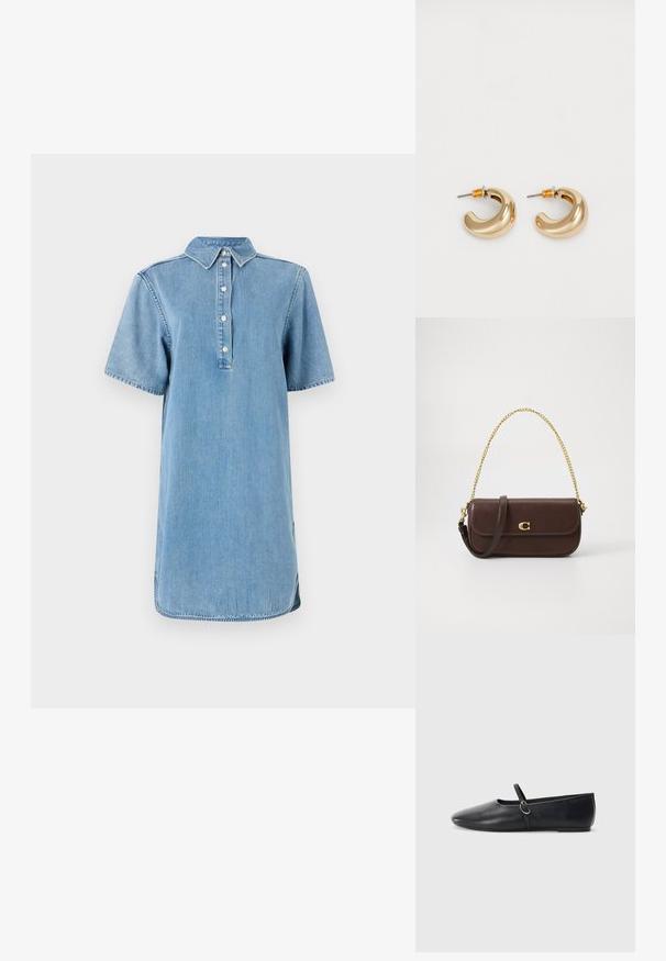 Jeanshemdkleid in Hellblau mit Kragen, kurzen Ärmeln, Knopfleiste und geradem Schnitt mit leicht abgerundetem Saum.; Schwarze Leder-Ballettschuhe mit spitzem Schuhzeug, flacher Sohle und einem kleinen Riemen mit silberner Schnalle.; Dunkelbraune Leder-Schultertasche mit goldener Kettenriemen, goldenem "C"-Logo auf der vorderen Klappe und zusätzlichem dunkelbraunem Ledertragegurt.; Zwei glänzende goldene Creolen in einem geschwungenen Design mit orangefarbenen Akzenten nahe dem Stecker, vor einem schlichten weißen Hintergrund.