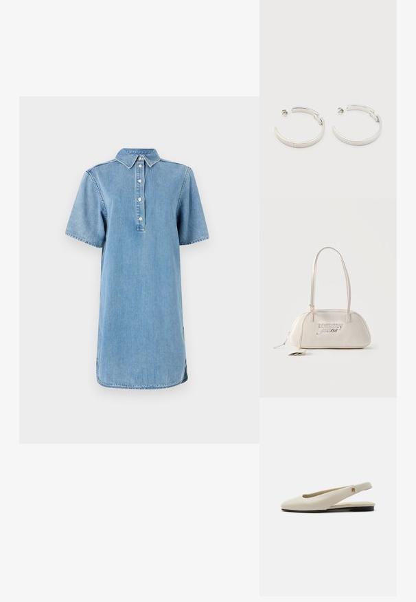Vestido de camisa de mezclilla en azul claro con collar, mangas cortas, tapeta de botones y un corte recto con dobladillo ligeramente curvado.; Zapato plano slingback de cuero color crema con puntera redondeada y pequeño emblema dorado en la correa.; Bolso rectangular color crema para hombro con correas largas, logo "tommy jeans" en plateado en el frente, y una etiqueta colgante adjunta a la cremallera.; Pendientes de aro semicírculo en tono plateado con textura acanalada y cierre de presión sobre fondo blanco.