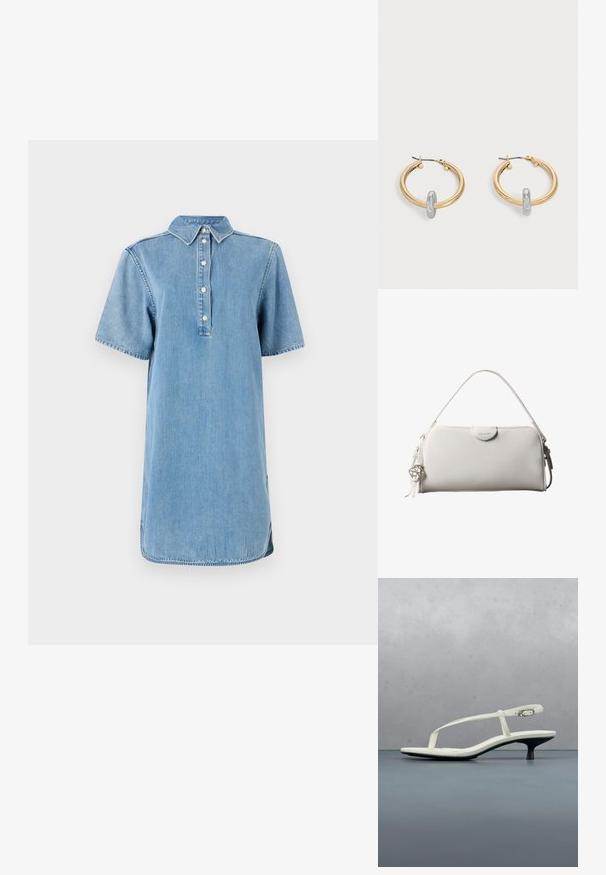 Vestido de camisa de mezclilla en azul claro con collar, mangas cortas, tapeta de botones y un corte recto con dobladillo ligeramente curvado.; Sandalia blanca de tacón kitten con tiras y punta afilada, flotando sobre un suelo de baldosas de madera al aire libre, con un fondo desenfocado de plantas y pared.; Bolso rectangular blanco de Calvin Klein con un solo asa, diseño minimalista y borlas decorativas con un charm metálico geométrico en el lateral.; Par de pendientes de aro en tono dorado con pequeño detalle de aro en tono plateado en cada uno, expuestos sobre un fondo gris claro.