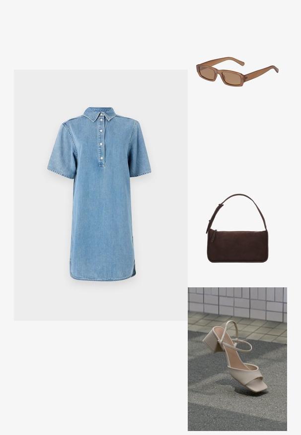 Robe chemise en denim bleu clair avec col, manches courtes, patte de boutonnage et coupe droite avec un ourlet légèrement arrondi.; Sandale beige à bout ouvert avec talon carré et fine bride à la cheville, inclinée vers le haut sur l'asphalte avec un mur carrelé en arrière-plan.; Lunettes de soleil brunes, rectangulaires, avec une monture transparente, des branches fines et des verres teintés, offrant une texture lisse et un design moderne.; Sac à main rectangulaire en daim brun foncé avec une fermeture à glissière unique en haut et une bandoulière réglable.