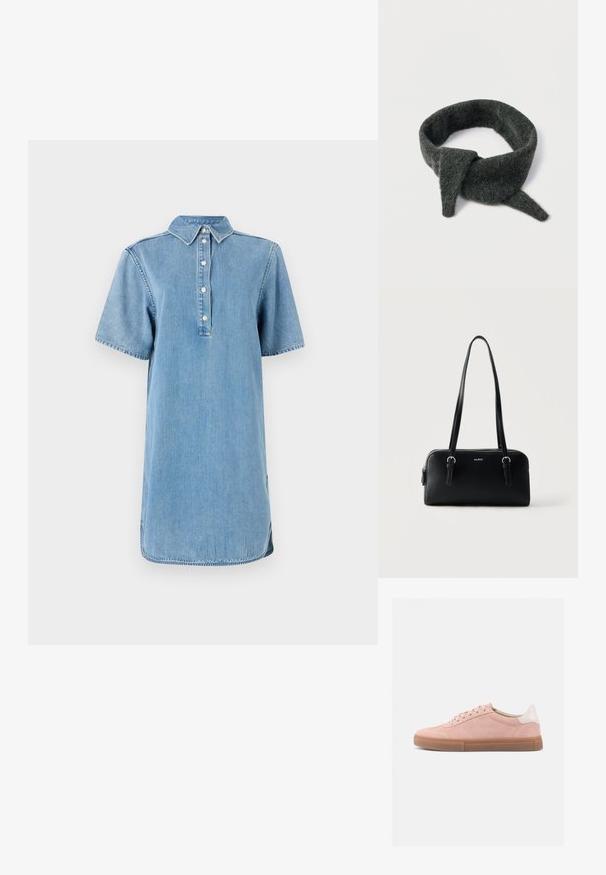 Heledsinine denimsärgidress, millel on krae, lühikesed varrukad, nööbiliist ja sirge lõige, millel on veidi kõver serv.; Madala olemusega roosad seemisnahast tossud, millel on pruun kummist tall ja valge kontsasuurus, vaadeldud küljelt lihtsa valge tausta ees.; Tumehall matkkipehme kangast peapael sõlmitud disainiga, pehme tekstuuriga ja kitsa otsaga, mis tagab kindla sobivuse.; Must nahast ristkülikukujuline õlakott kahe rihmaga, hõbedase tõmblukuga ja väikese "ALDO" logoga ees keskosas.